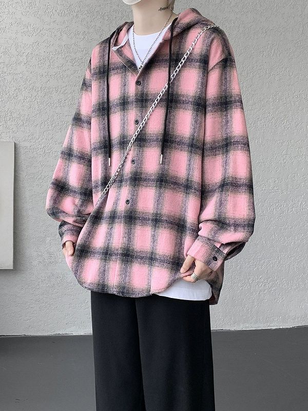 メンズ シャツ メンズ フード付きチェック柄長袖シャツ