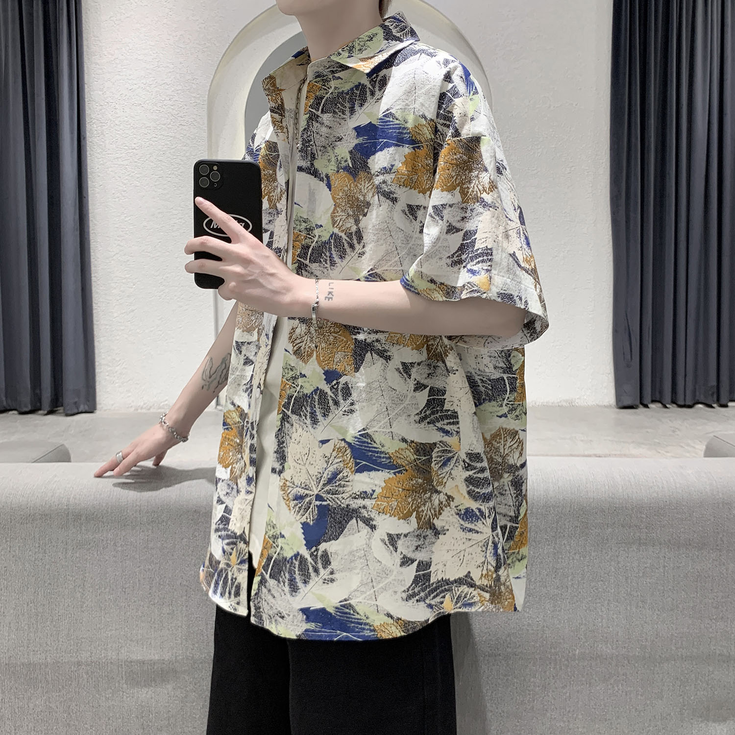 シャツ メンズ 柄シャツ 落ち葉模様の芸術半袖シャツ