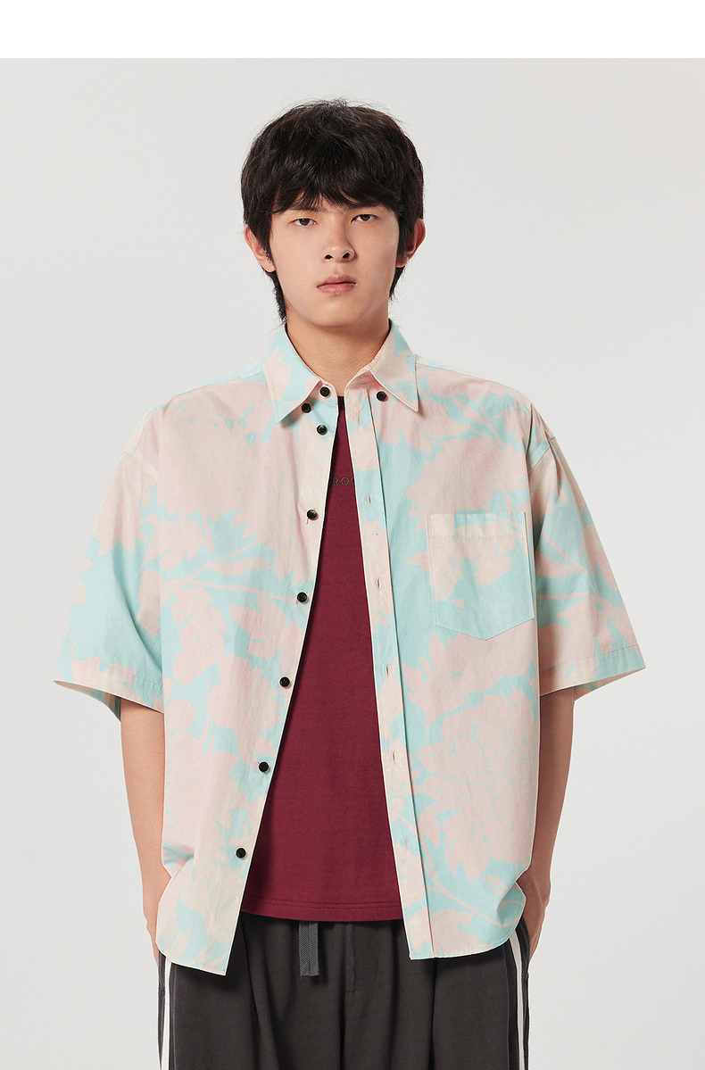 シャツ メンズ 柄シャツ 葉影模様の半袖ゆったりシャツ