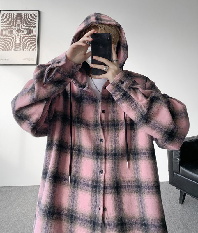 メンズ シャツ メンズ フード付きチェック柄長袖シャツ