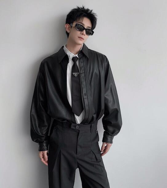 シャツ メンズ 合成皮革長袖シャツ黒メンズカジュアル