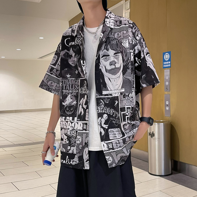 シャツ メンズ 柄シャツ ストリートコミック総柄開襟シャツ