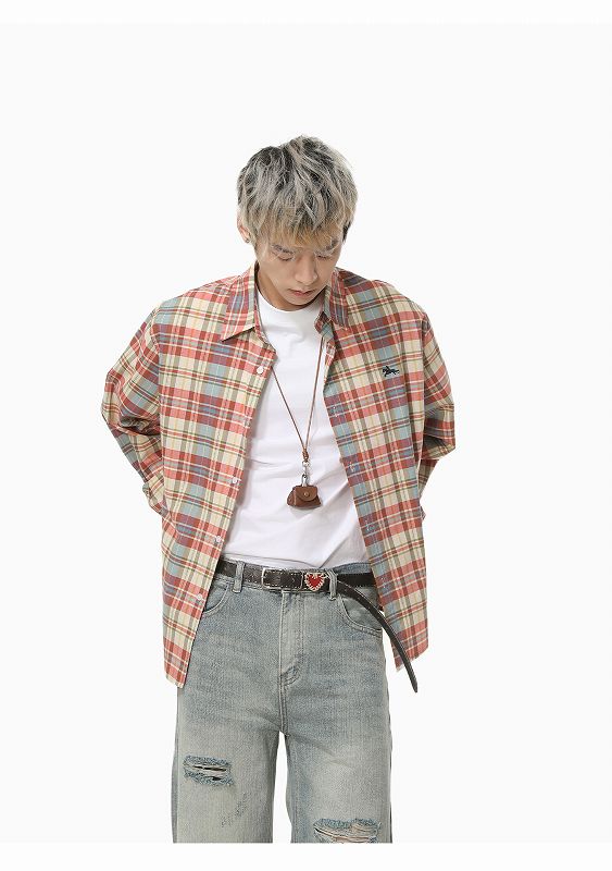 メンズ シャツ 刺繍入りチェック柄シャツ メンズカジュアルトップス