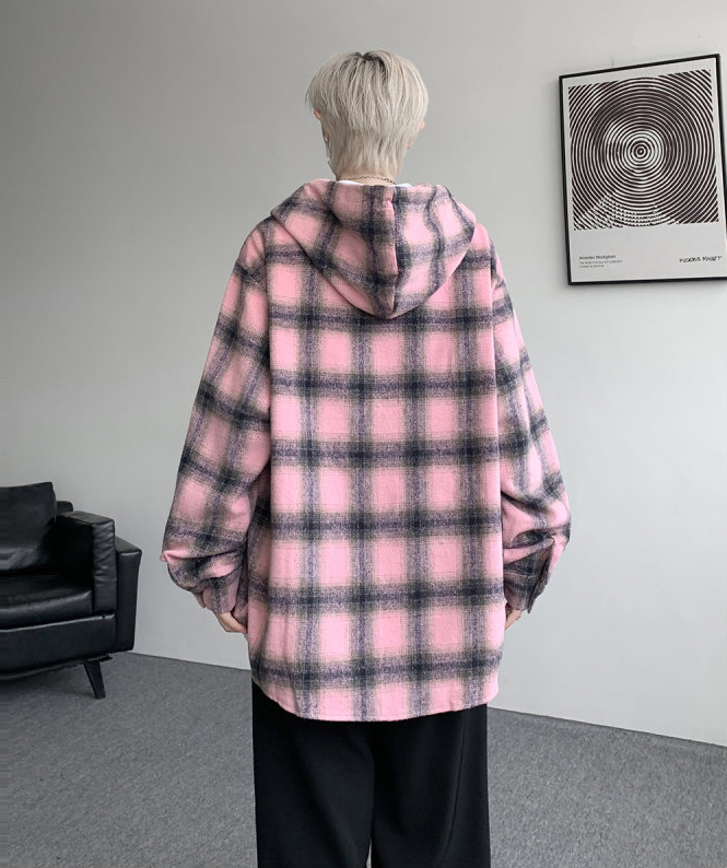 メンズ シャツ メンズ フード付きチェック柄長袖シャツ