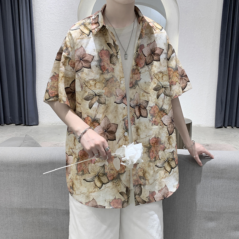 シャツ メンズ 柄シャツ 落ち葉模様の芸術半袖シャツ