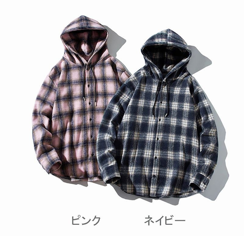 メンズ シャツ メンズ フード付きチェック柄長袖シャツ