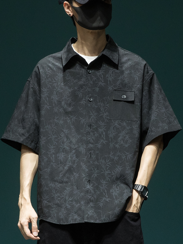 シャツ メンズ 柄シャツ 和風葉模様ビッグシルエット半袖シャツ