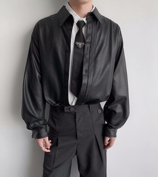 シャツ メンズ 合成皮革長袖シャツ黒メンズカジュアル