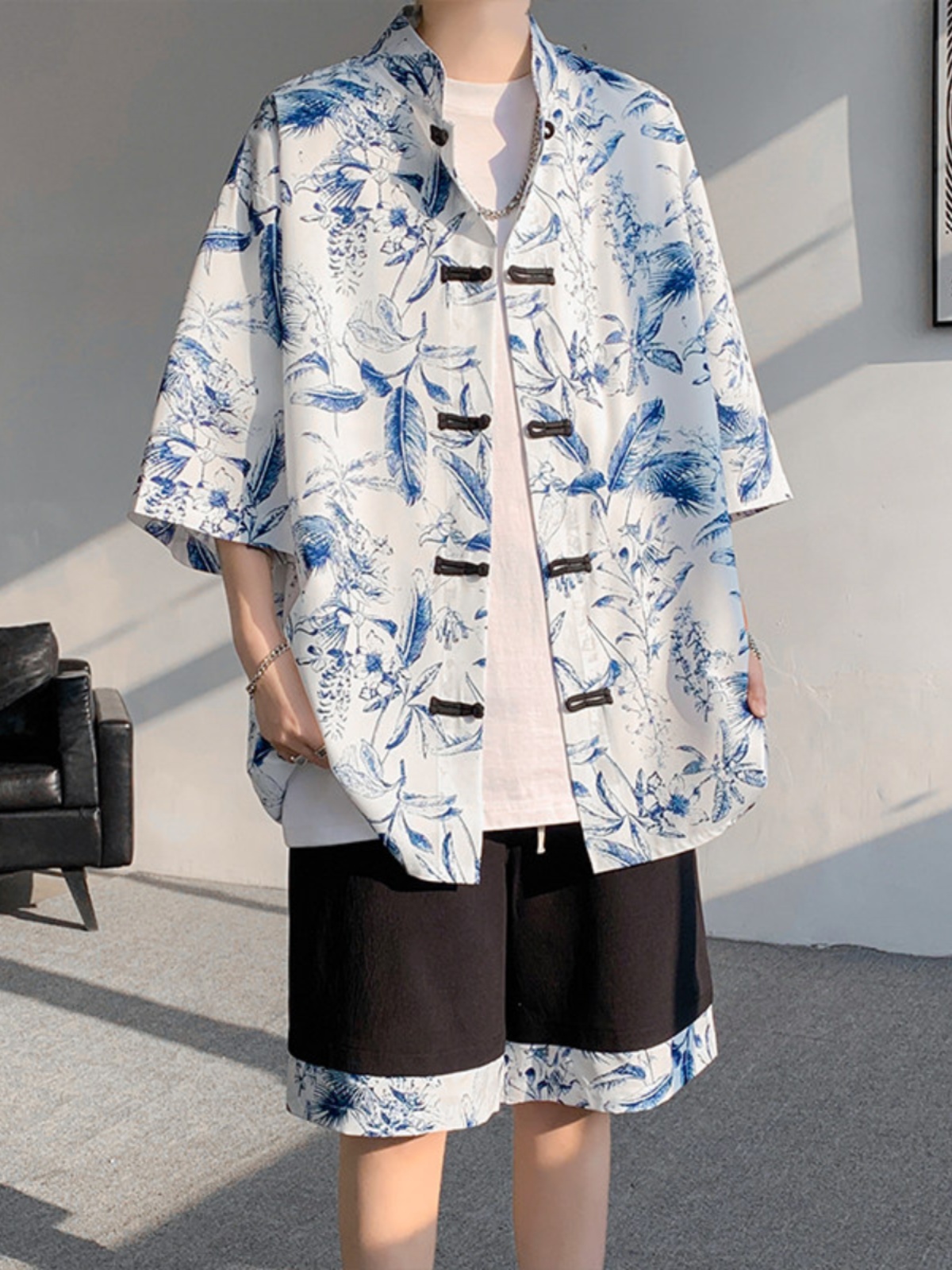 シャツ メンズ 柄シャツ 和風ボタニカル半袖柄シャツ