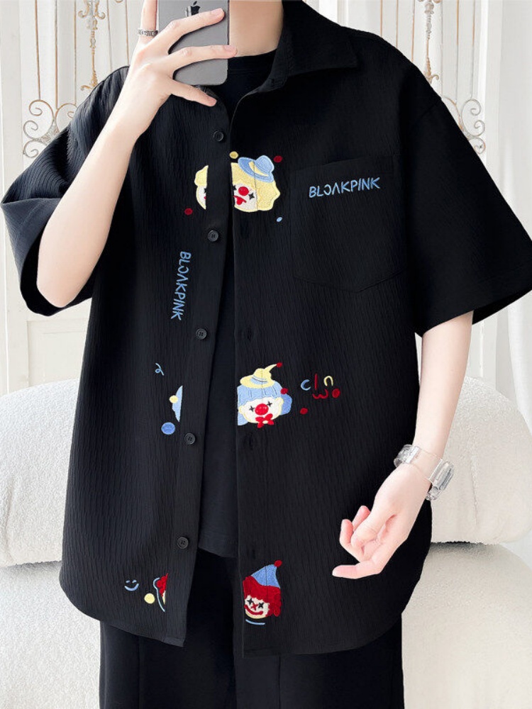 シャツ メンズ サーカスキャラクター刺繍半袖シャツ