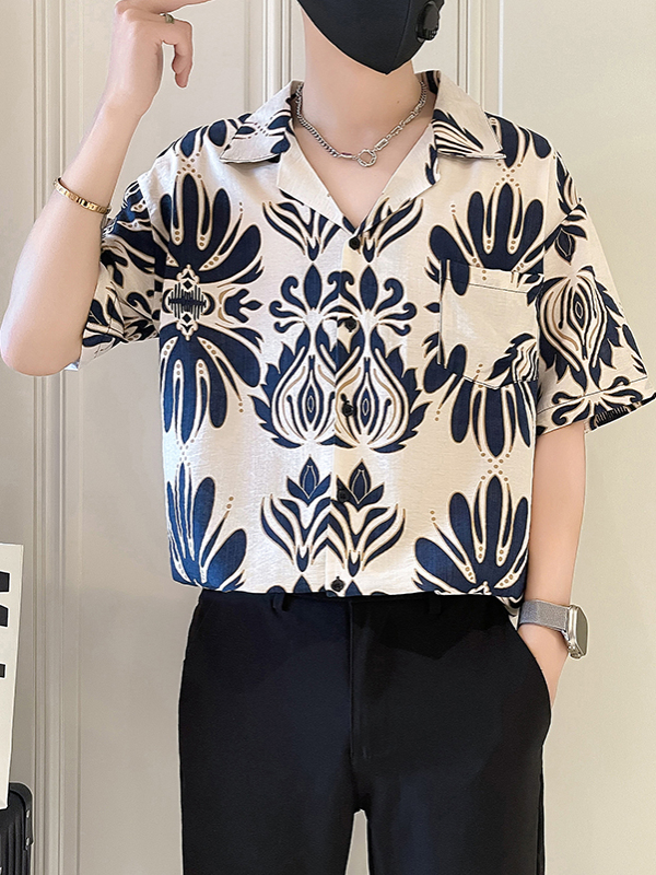 シャツ メンズ 柄シャツ 華麗な草花模様 開襟半袖シャツ