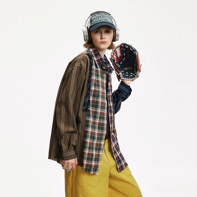 メンズ シャツ 男性用チェック柄長袖シャツ切替え配色