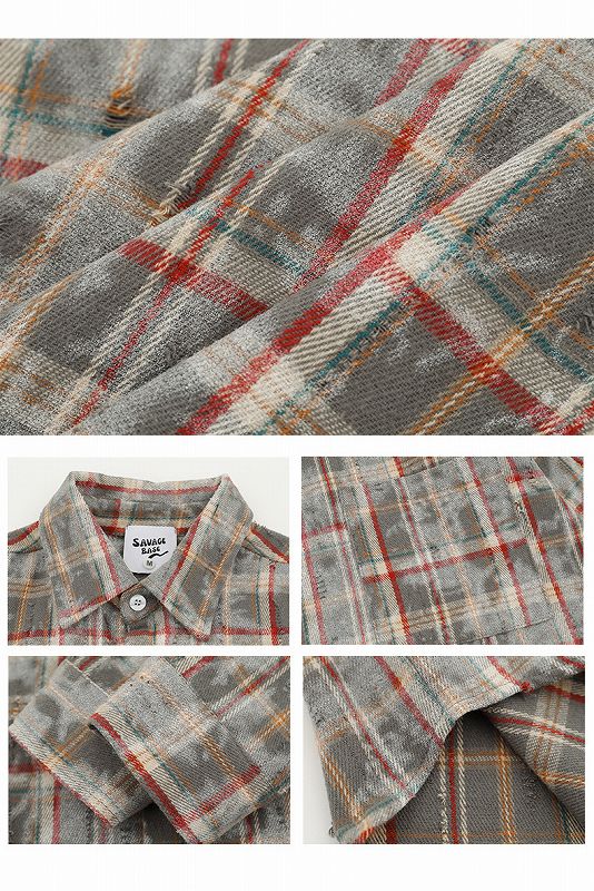 メンズ シャツ ダメージ加工チェック柄長袖シャツ