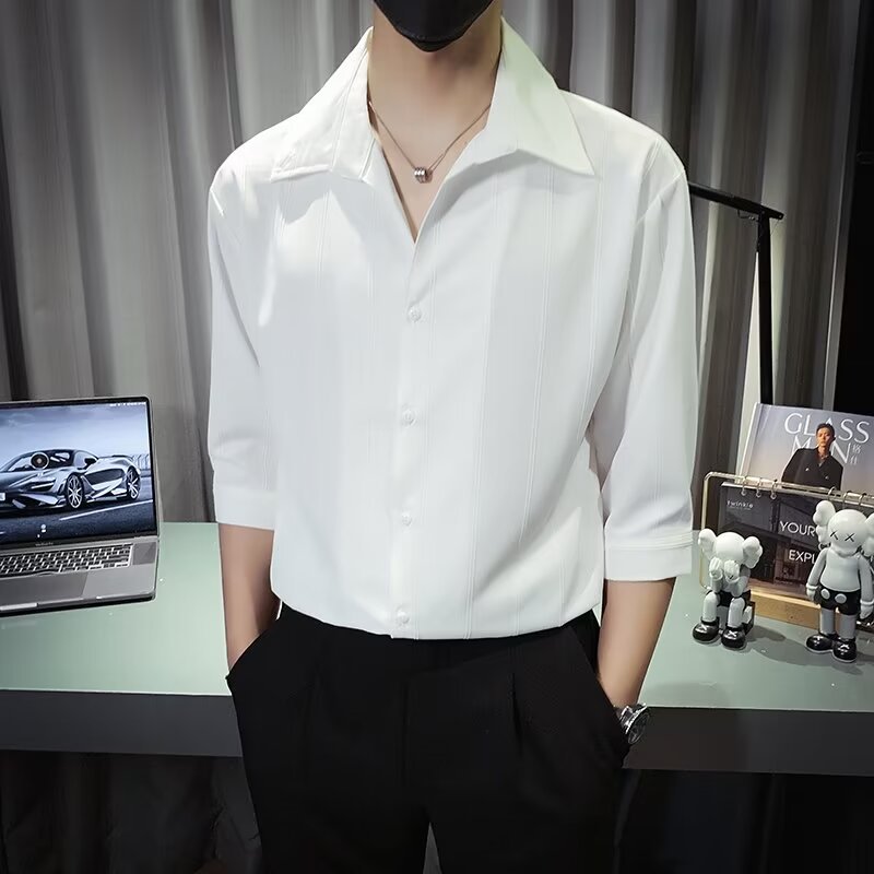 メンズ シャツ 開襟デザイン七分袖オープンカラーシャツ