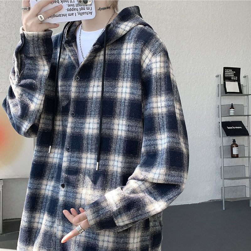 メンズ シャツ メンズ フード付きチェック柄長袖シャツ