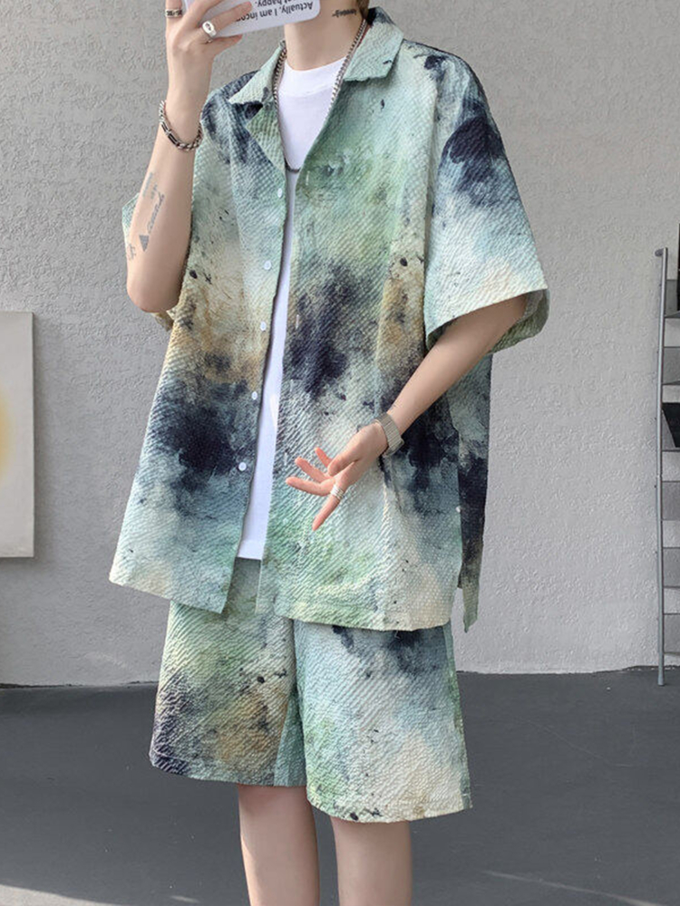 シャツ メンズ 柄シャツ 水墨模様セットアップ開襟シャツ