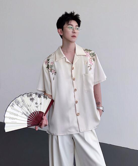 シャツ メンズ 花柄刺繍半袖シャツ中国風メンズカジュアル