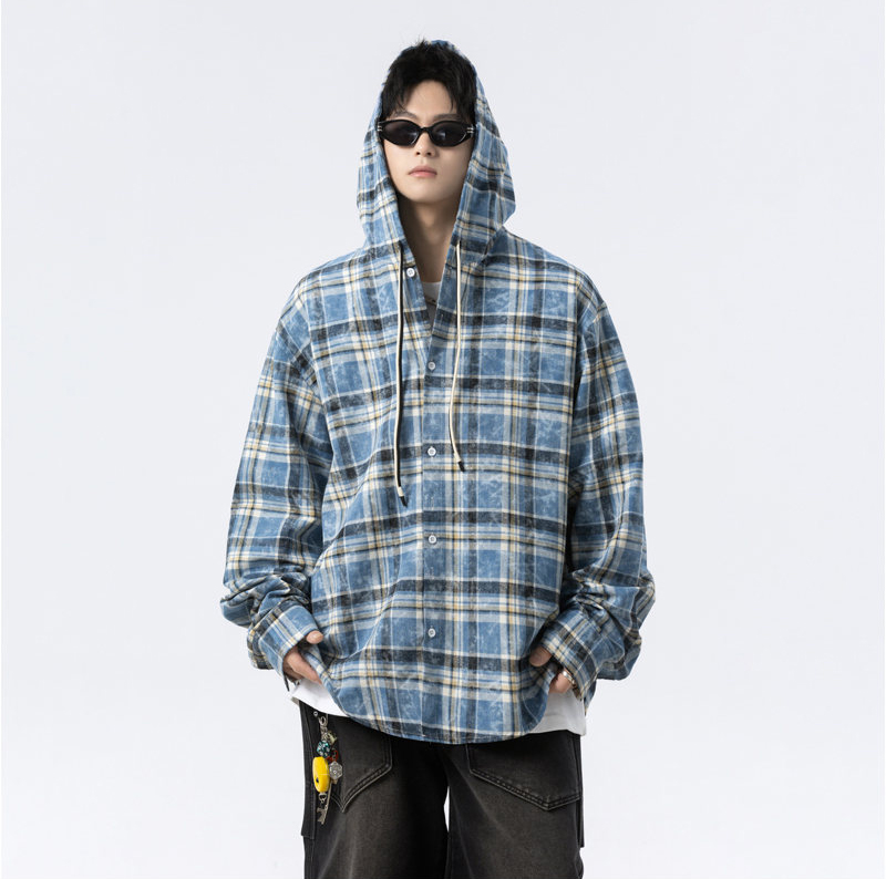 メンズ シャツ メンズ フード付きチェック柄長袖シャツ