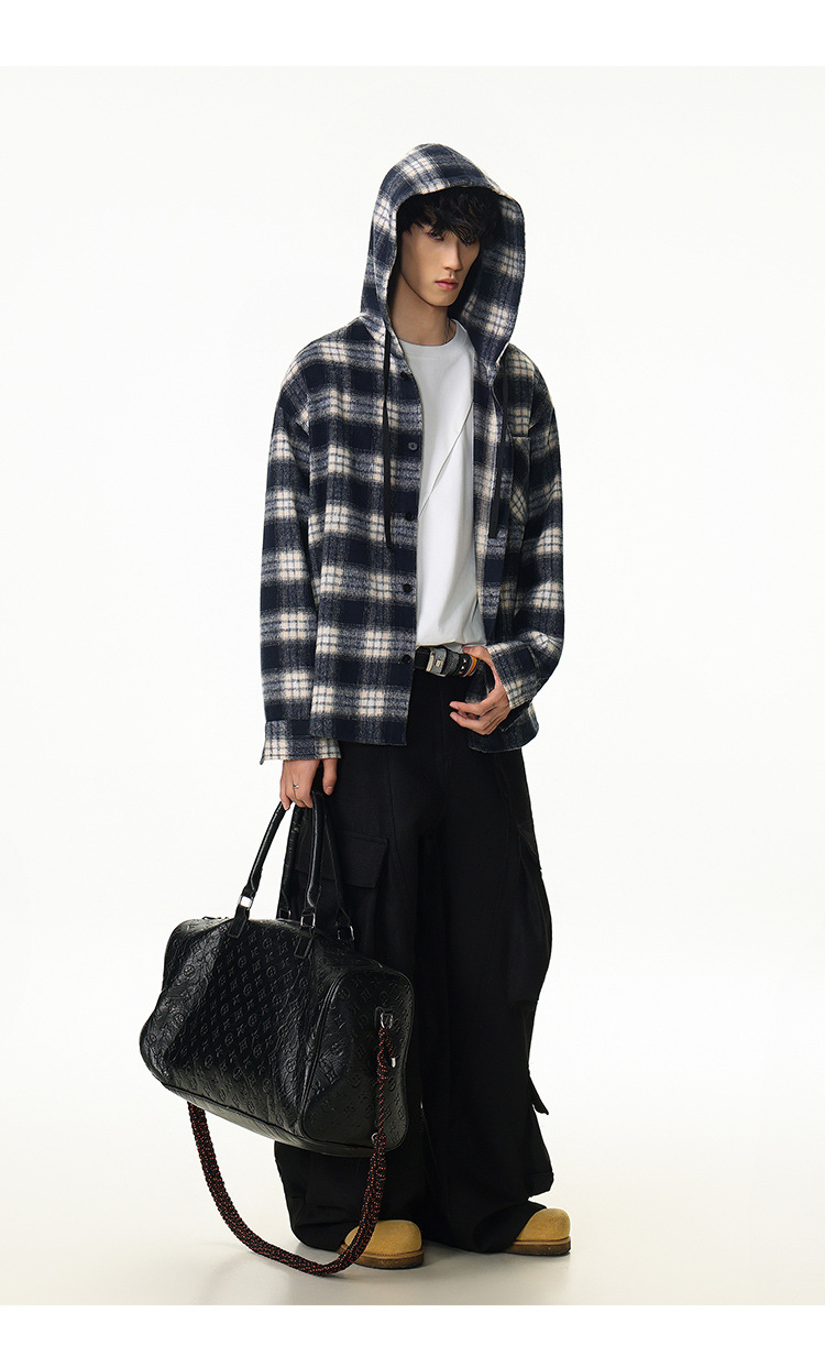 メンズ シャツ メンズ フード付きチェック柄長袖シャツ