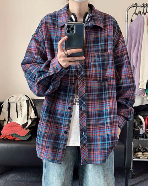 メンズ シャツ メンズ 長袖チェックシャツ ブルー系カジュアルトップス