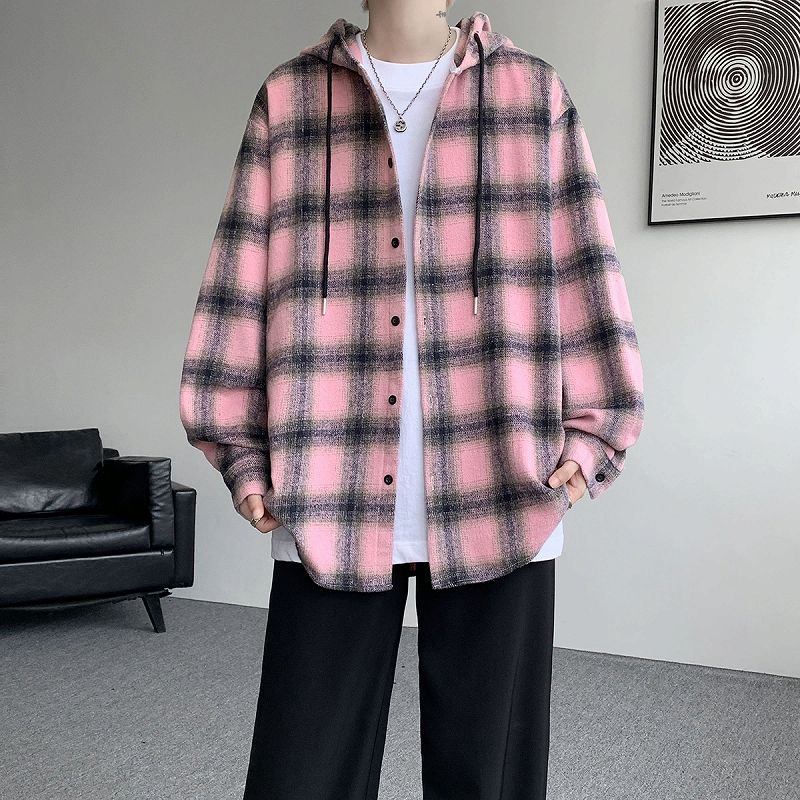 メンズ シャツ メンズ フード付きチェック柄長袖シャツ