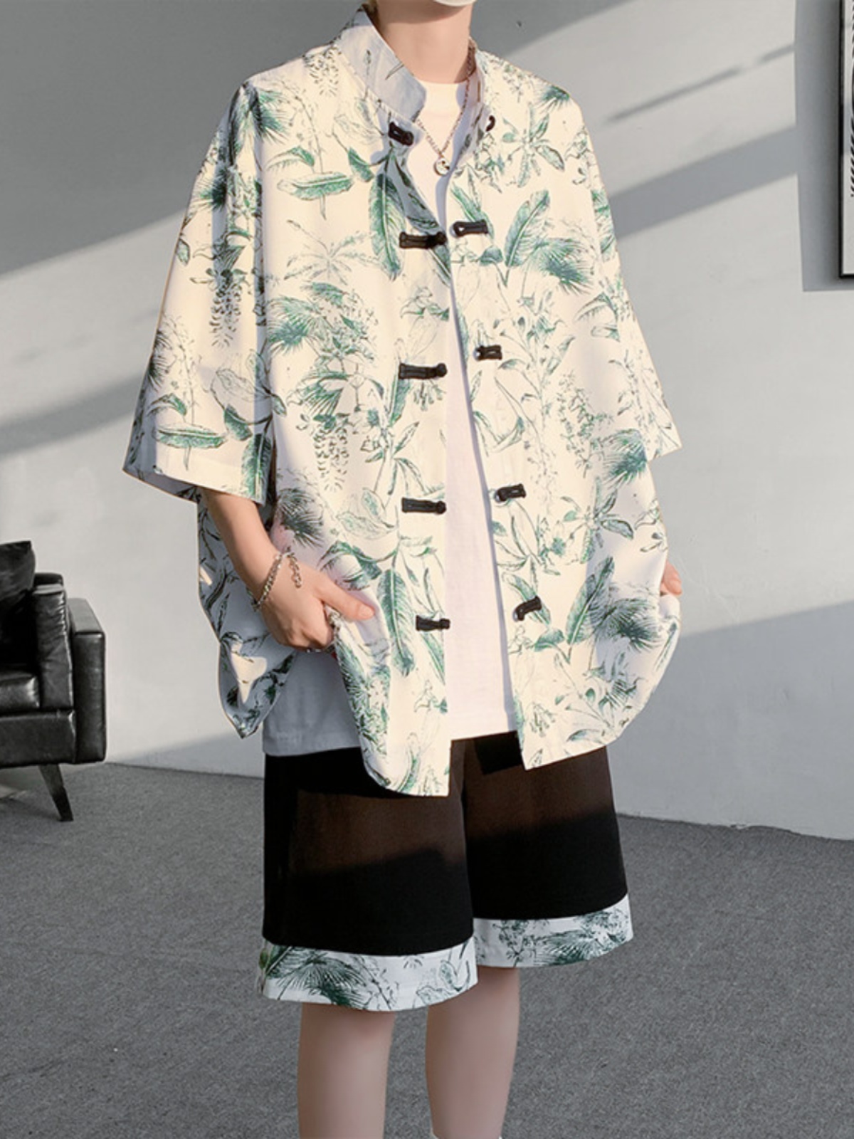 シャツ メンズ 柄シャツ 和風ボタニカル半袖柄シャツ