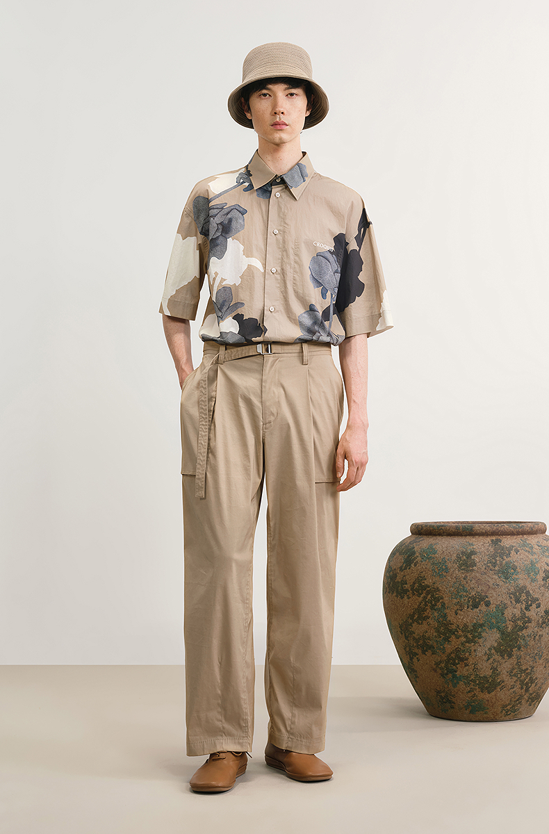 シャツ メンズ 柄シャツ 墨絵風花柄五分袖シャツ