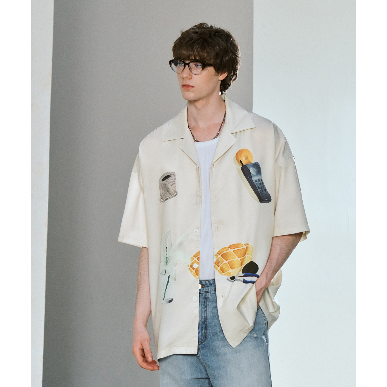 シャツ メンズ 柄シャツ レトロ家電イラスト柄開襟シャツ