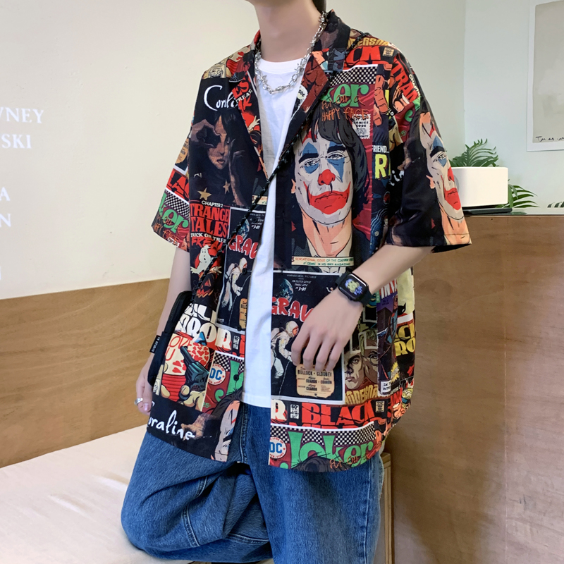 シャツ メンズ 柄シャツ ストリートコミック総柄開襟シャツ