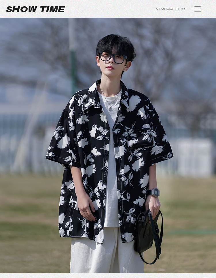 シャツ メンズ アロハシャツ 墨流し花柄オープンカラーアロハシャツ