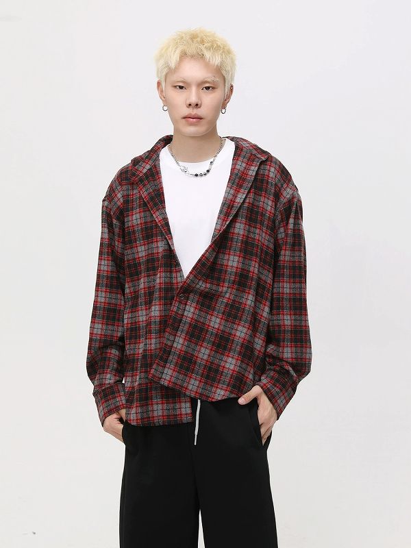 メンズ シャツ フード付きチェック柄シャツ メンズ 長袖カジュアル 全2色