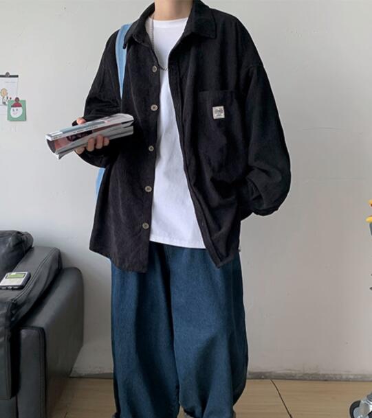 メンズ シャツ 秋冬メンズカーキコーデュロイ長袖シャツ