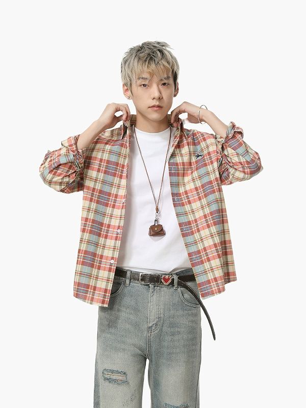 メンズ シャツ 刺繍入りチェック柄シャツ メンズカジュアルトップス