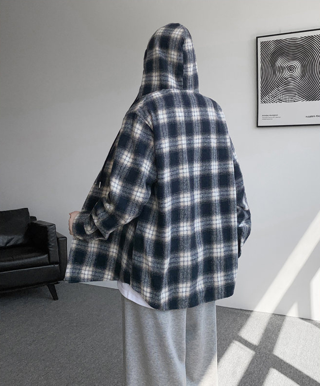 メンズ シャツ メンズ フード付きチェック柄長袖シャツ