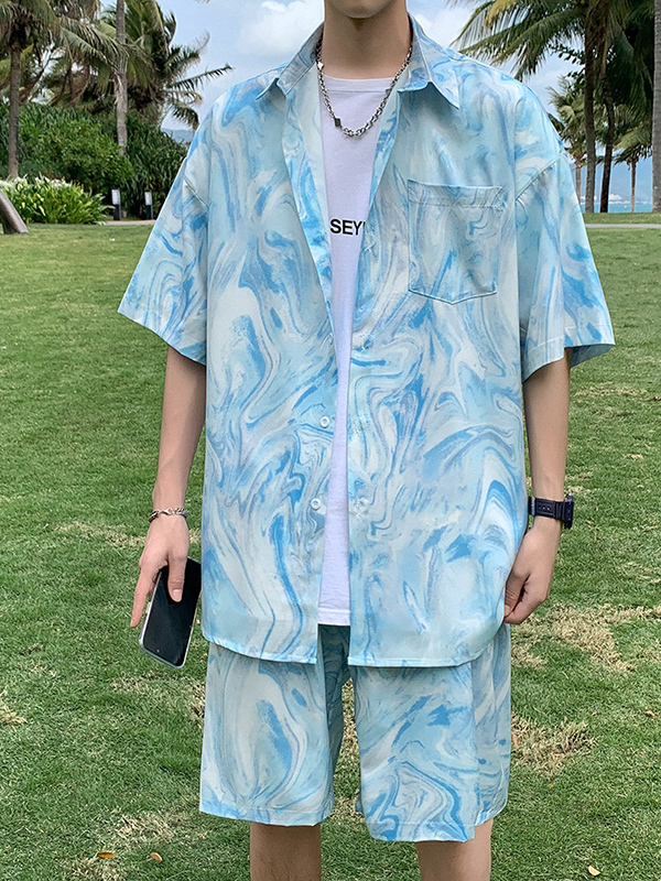シャツ メンズ 柄シャツ 大理石模様の夏季セットアップシャツ