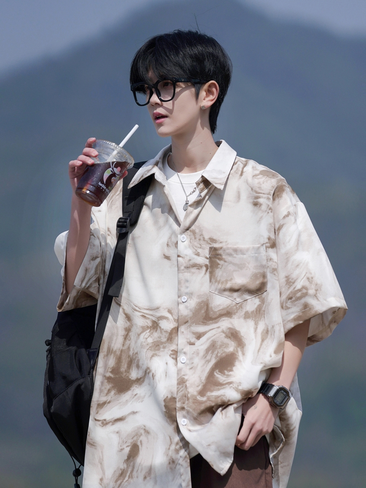 シャツ メンズ 柄シャツ 大理石風マーブル半袖シャツ