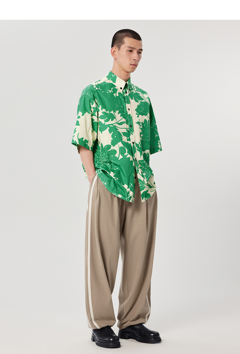 シャツ メンズ 柄シャツ 葉影模様の半袖ゆったりシャツ