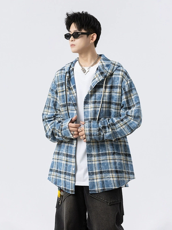 メンズ シャツ メンズ フード付きチェック柄長袖シャツ