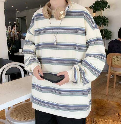 メンズ シャツ 秋冬メンズ長袖ボーダー柄シャツ