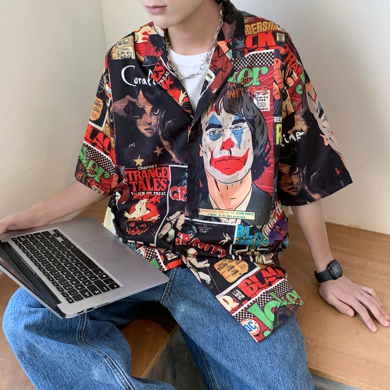 シャツ メンズ 柄シャツ ストリートコミック総柄開襟シャツ