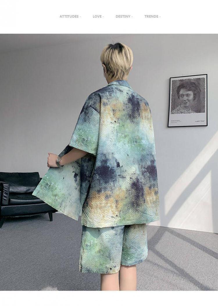 シャツ メンズ 柄シャツ 水墨模様セットアップ開襟シャツ
