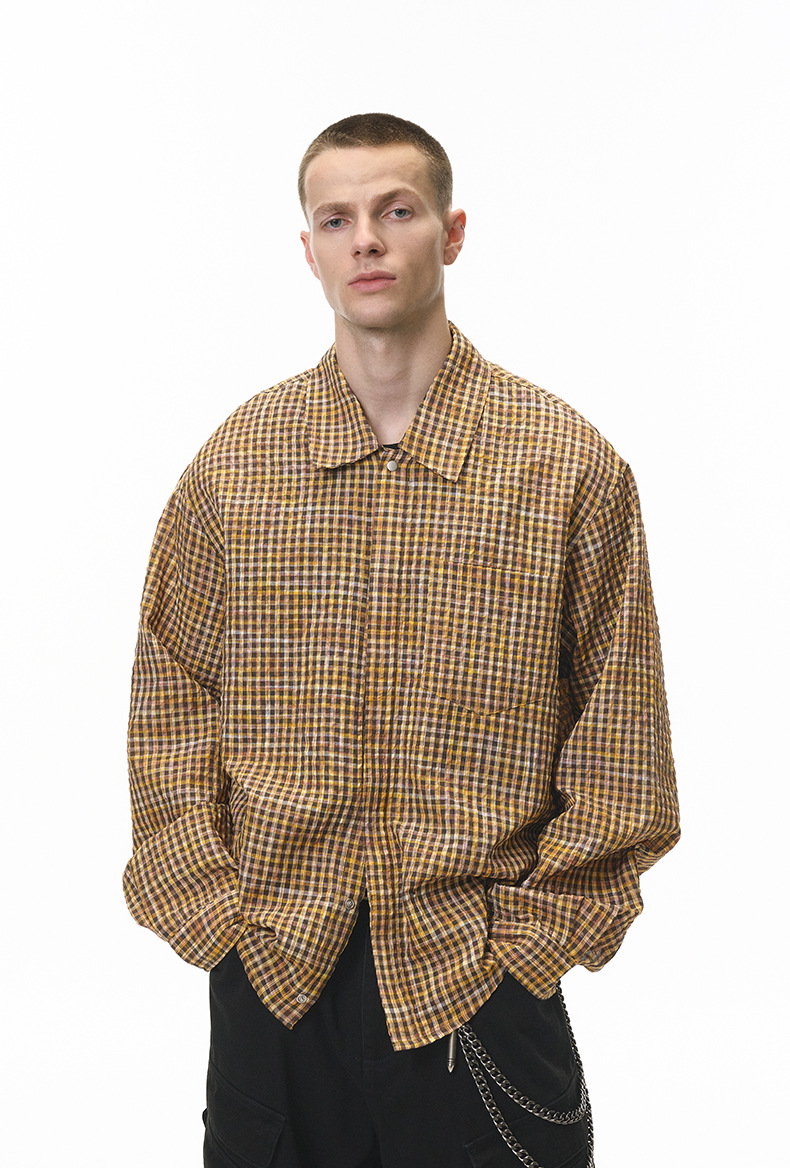 メンズ シャツ メンズ シアサッカー チェック柄 長袖シャツ