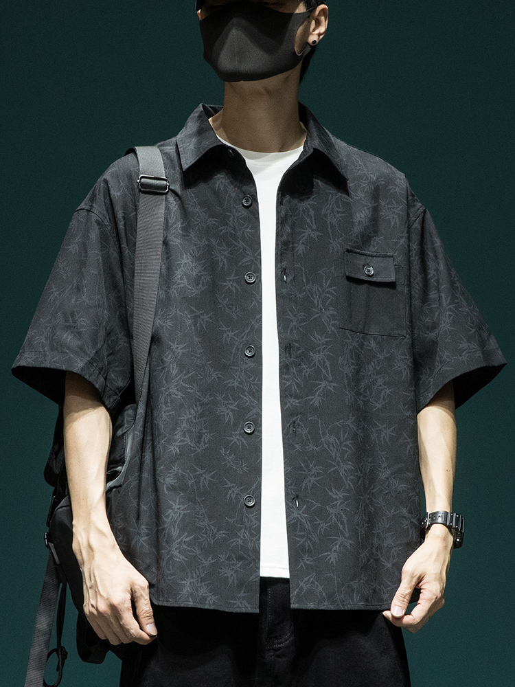 シャツ メンズ 柄シャツ 和風葉模様ビッグシルエット半袖シャツ