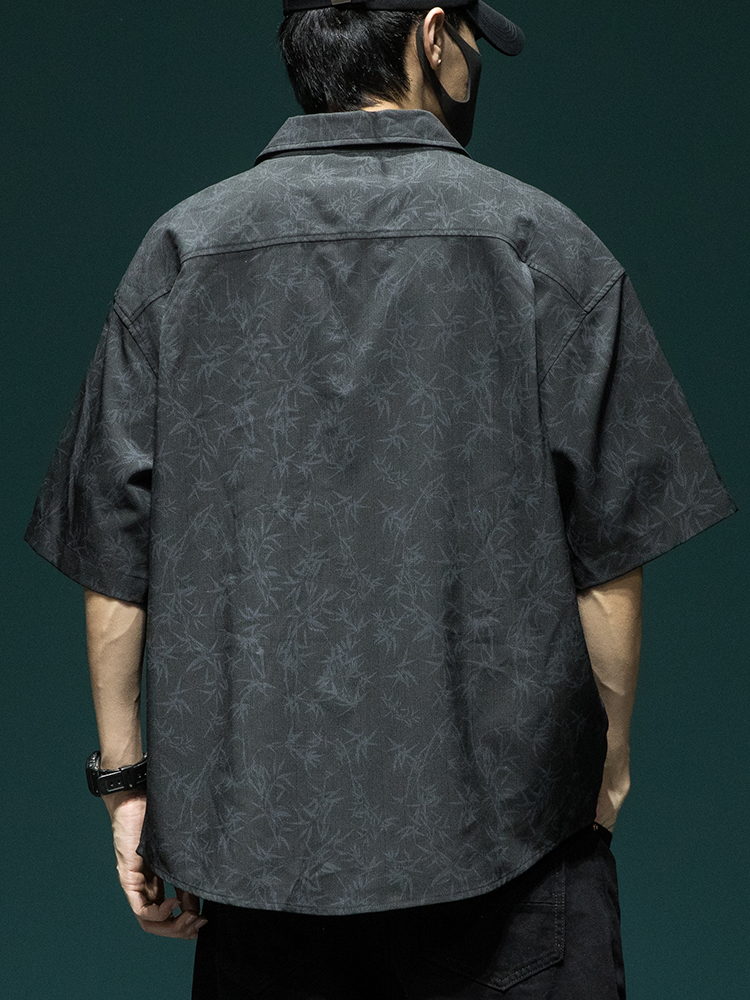 シャツ メンズ 柄シャツ 和風葉模様ビッグシルエット半袖シャツ