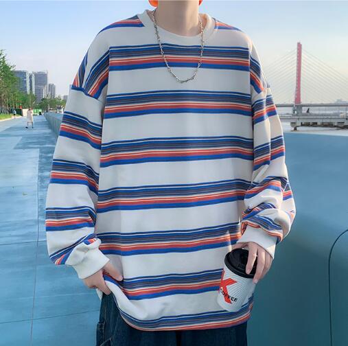 メンズ シャツ 秋冬メンズ長袖ボーダー柄シャツ