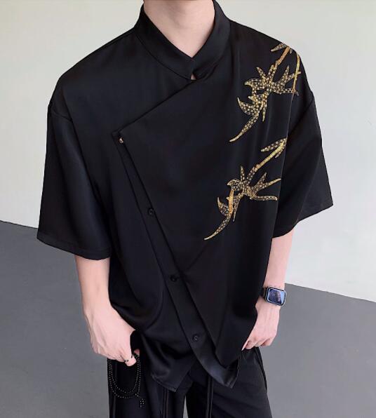 シャツ メンズ 中国風半袖カジュアルシャツ金龍刺繍メンズ