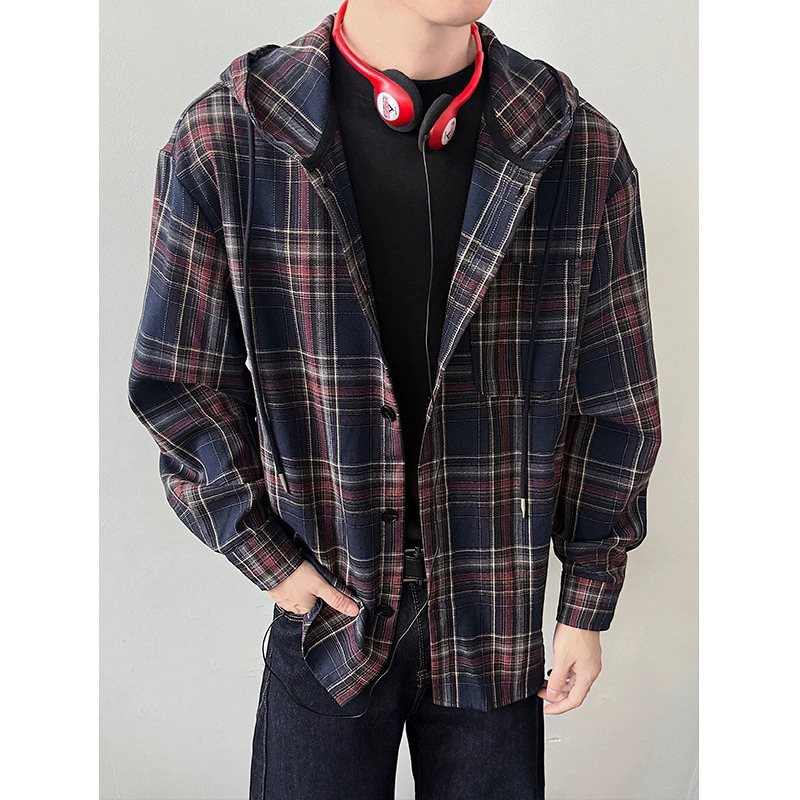 メンズ シャツ メンズ フード付き チェック柄 長袖シャツ