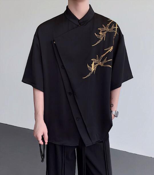 シャツ メンズ 中国風半袖カジュアルシャツ金龍刺繍メンズ