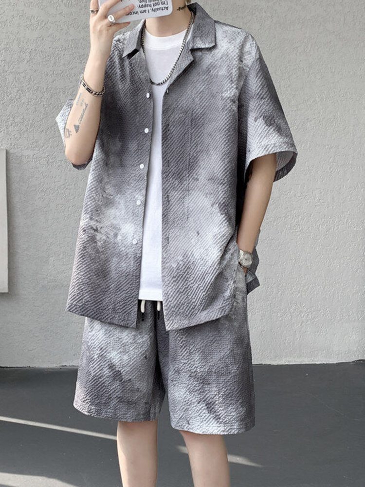 シャツ メンズ 柄シャツ 水墨模様セットアップ開襟シャツ