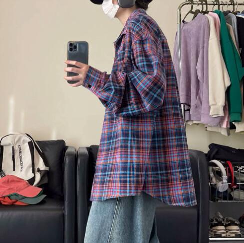 メンズ シャツ メンズ 長袖チェックシャツ ブルー系カジュアルトップス